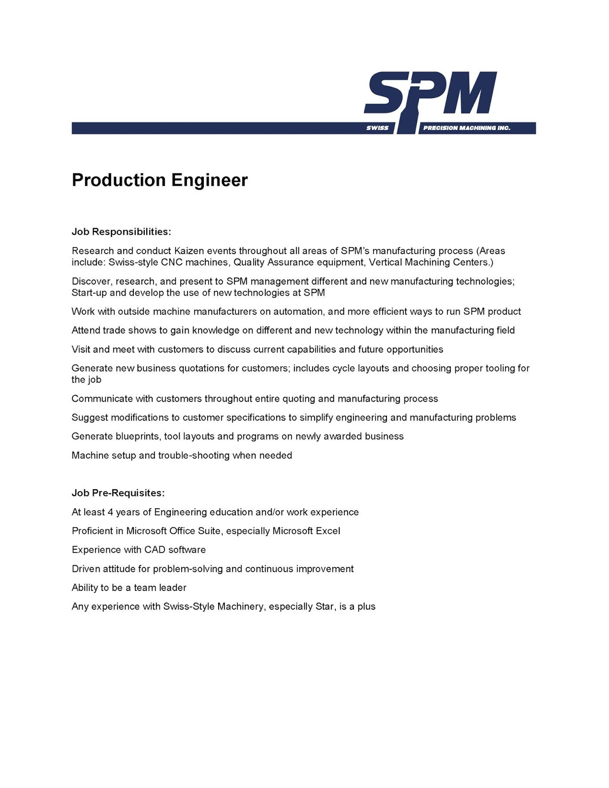 job opportunity production engineer