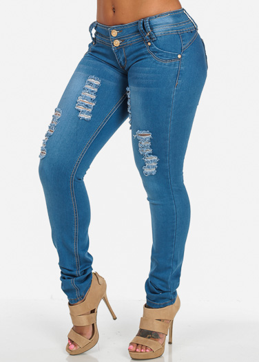 BUTT LIFTING SKINNY JEANS WITH DISTRESSED FRONT