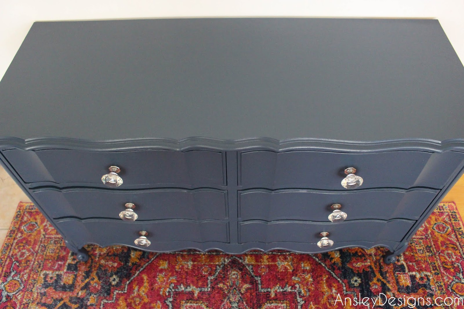Ansley Designs Navy Blue French Provincial Dresser With Crystal Knobs