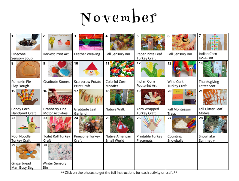 30 November activities & crafts for kids with free downloadable activity calendar from And Next Comes L