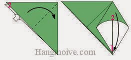 Bước 3: Từ vị trí mũi tên: Mở tờ giấy ra, kéo tờ giấy về phía bên phải, gấp tờ giấy xuống sao cho đỉnh 2 trùng với đỉnh 1. 