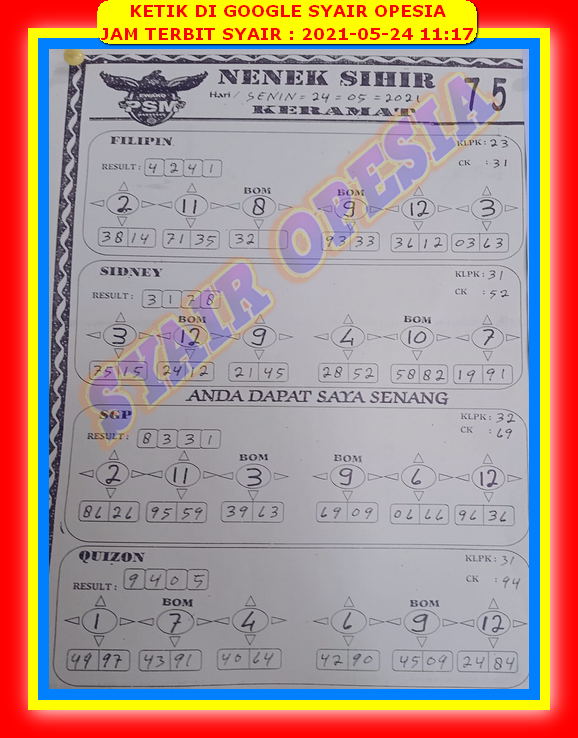 Syair Sgp Hari Ini Senin 24 Mei 2021 Opesia Official