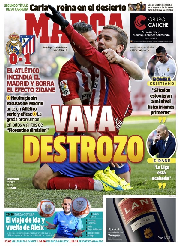 Real Madrid-Atlético, Marca: "Vaya destrozo"