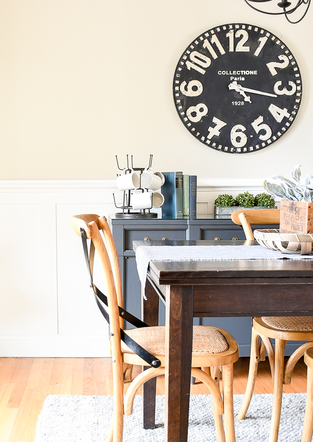 modern farmhouse dining room, painted vintage server, sherwin-williams iron ore.