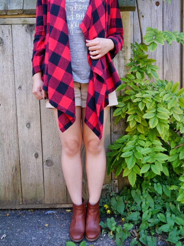 Summer to fall transitional dressing: buffalo plaid wrap, heather grey tank, khaki shorts, cognac leather ankle boots