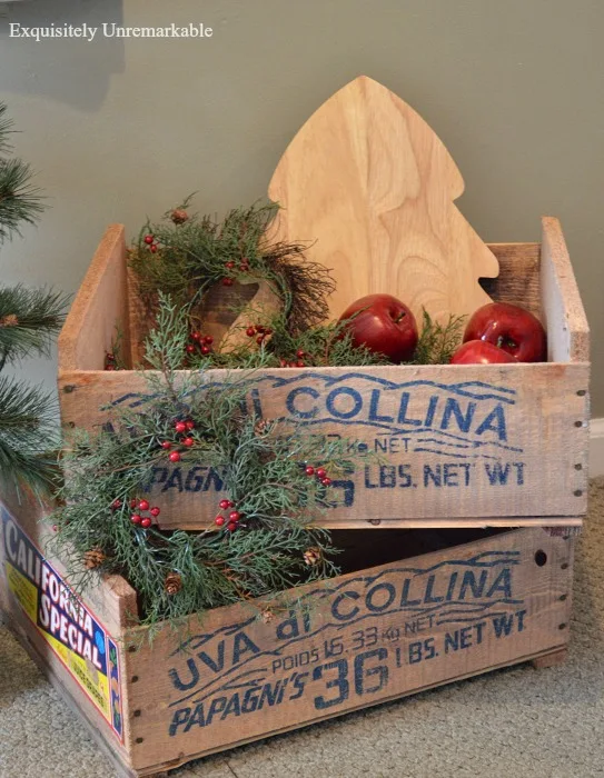 Wooden Christmas Crates filled with apples and mini wreaths