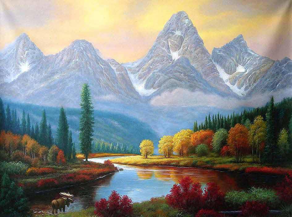 Un Lindo Paisaje En Las Montañas Junto Al Río Pintura Wallpaper Hd