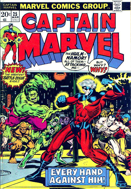 Captain Marvel #25 marvel 1970s bronze age comic book cover art by Jim Starlin Captain Marvel #25 marvel 1970s bronze age comic book cover art by Jim Starlin