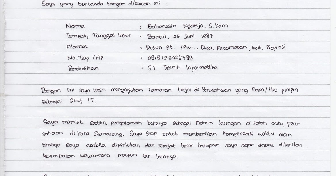 Contoh Surat Lamaran Tulis Tangan 2014