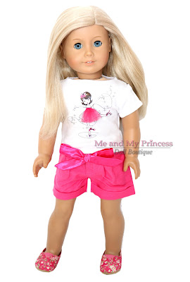 Ballerina Top Hot Pink SHorts Flower Shoes Outfit Clothes for 18 inch American Girl Doll