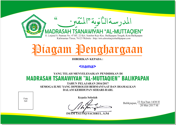 Desain Piagam Penghargaan Sekolah Kepada Siswa Sekolah