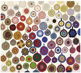 Ann Tuominen Exhibit: Crocheted pot holders from flea markets.