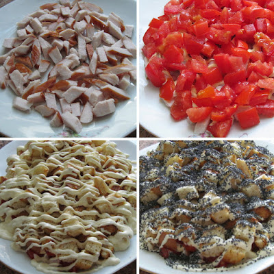 Салат с копчёной курицей, сухариками и маком