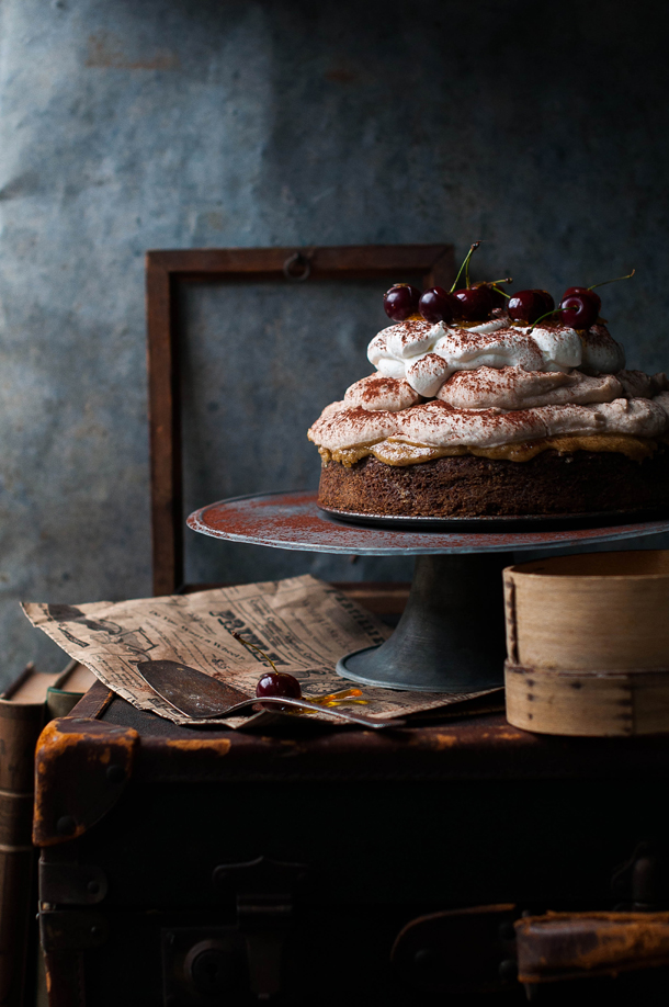 Chestnut mousse cake with sour cherries dipped in caramel