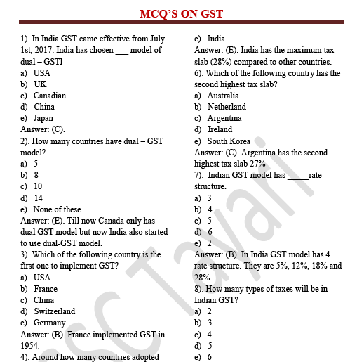 Important GST(Goods & Services Tax) Based Questions and Answers PDF Download
