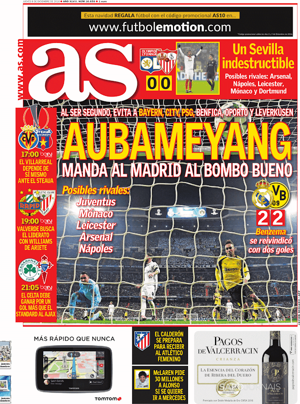Real Madrid, AS: "Aubameyang manda al Madrid al bombo bueno"
