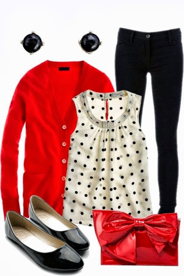 Adorable polka dot top, red cardigan and black skinny | High fashion