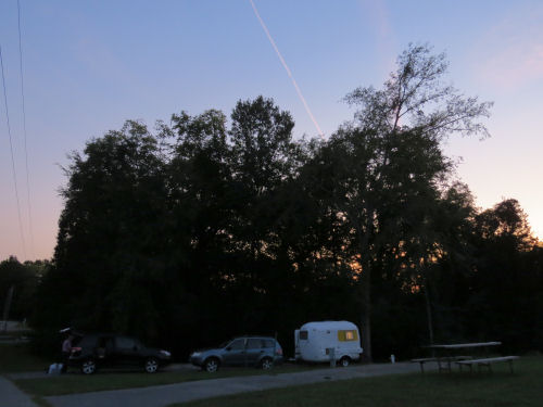fiberglass trailer in a campsite