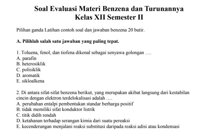 Soal Evaluasi Benzena dan Turunannya Joyful Chemistry