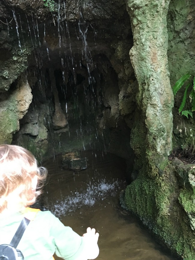 toddler in front of a waterfall