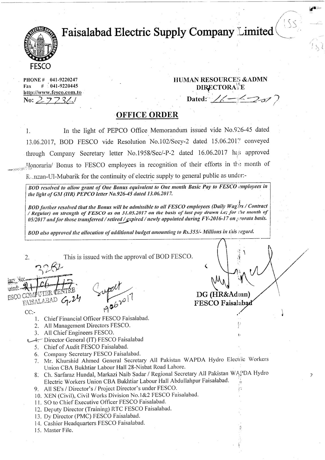 fesco faisalabad electric supply company employees office order format