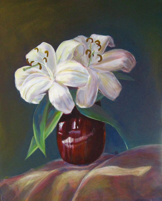 Still Life Painting of White Lilies in Red Vase