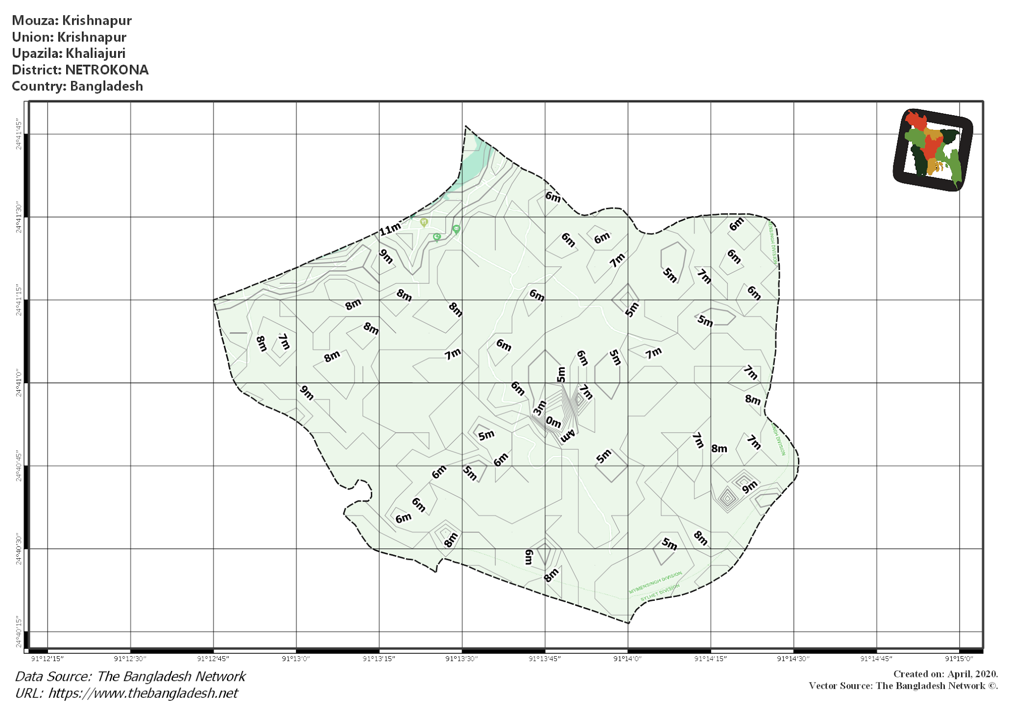 Map of Krishnapur Mouza of Khaliajuri Upazila, NETROKONA, Bangladesh.