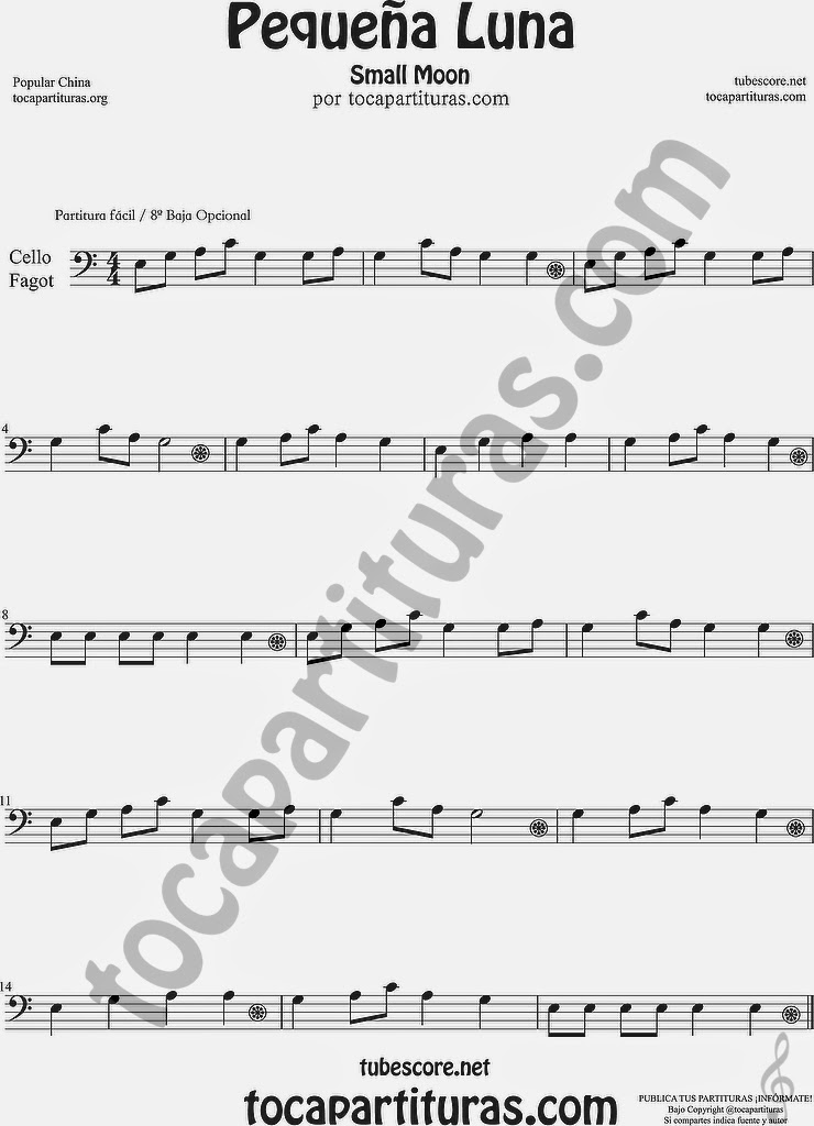 8ª Alta Pequeña Luna Partitura de Violonchelo y Fagot Sheet Music for Cello and Bassoon Music Scores Popular China Small Moon 方便兒童歌曲樂譜小月亮流行民歌在中國大提琴大管