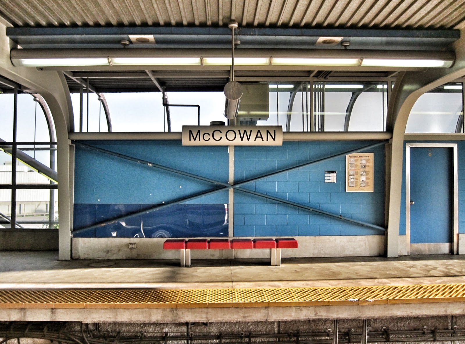 Unused platform and bench at McCowan station