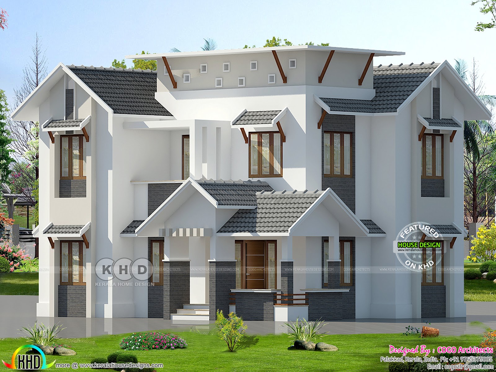 2000 square feet 5 bedroom mixed roof house plan - Kerala home design
