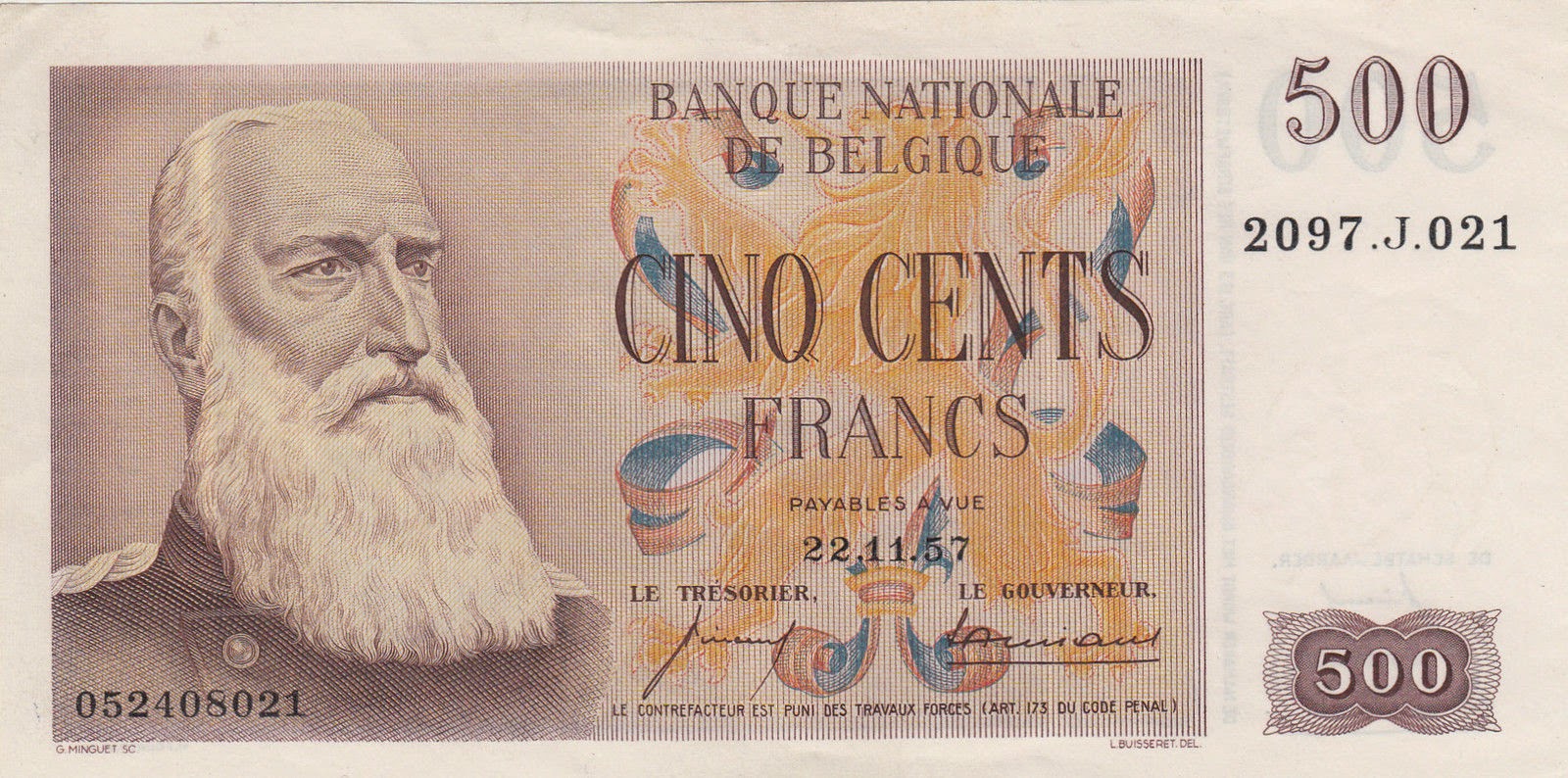 Belgium Banknotes 500 Francs banknote 1957 King Leopold II