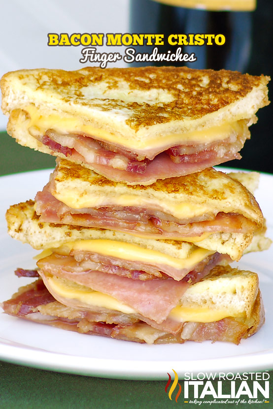 Easy Bacon Monte Cristo Finger Sandwiches fully loaded with meat and ooey gooey cheese! Out of this world delish. This is rockin' simple recipe that will give you more time to spend with your friends and family and less time in the kitchen. http://www.theslowroasteditalian.com/2011/09/simply-bacon-monte-cristo-finger.html