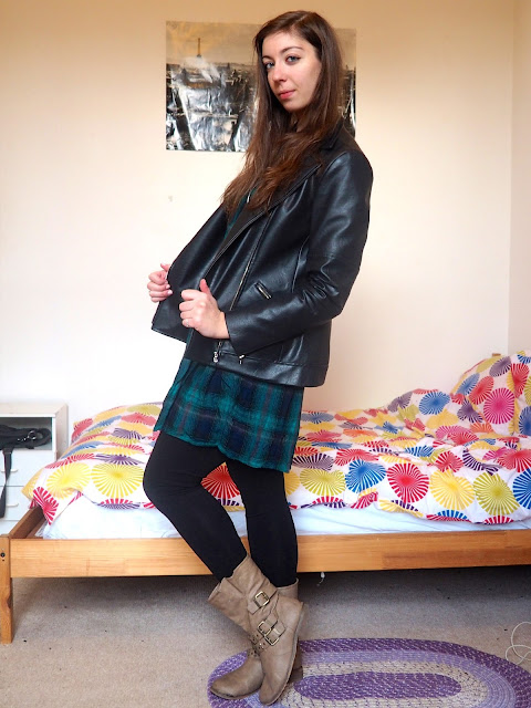 Touch the Sky - outfit of green tartan dress, black leather jacket, and chunky brown boots to Disneybound as Merida from Brave