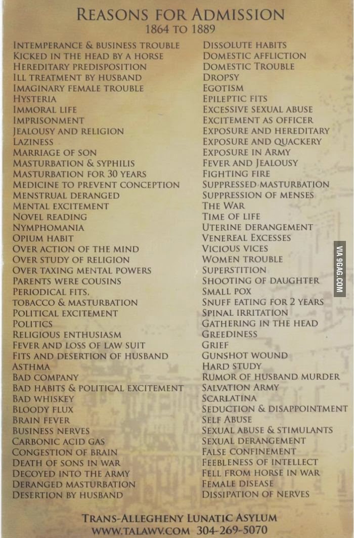 The Intertwining of Genius and Insanity by Omar Cherif, One Lucky Soul reasons for admission to insane asylums in the late 1800s