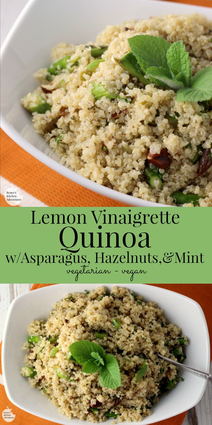 Lemon Vinaigrette Quinoa with Asparagus, Hazelnuts, and Mint | by Renee's Kitchen Adventures - easy vegetarian/vegan recipe everyone will love. Makes a great meatless main dish or a fabulous side dish for any meal. 
