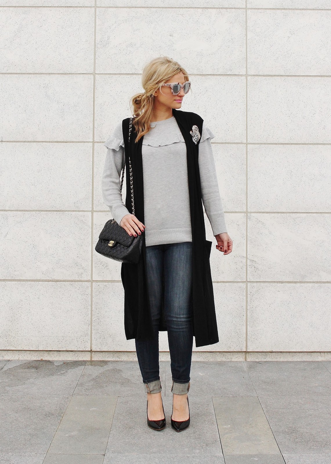 Bijuleni- Black Duster vest,grey ruffle sweater, Yoga Jeans highrise ankle skinny jeans, Jcrew heels and Chanel Vintage handbag