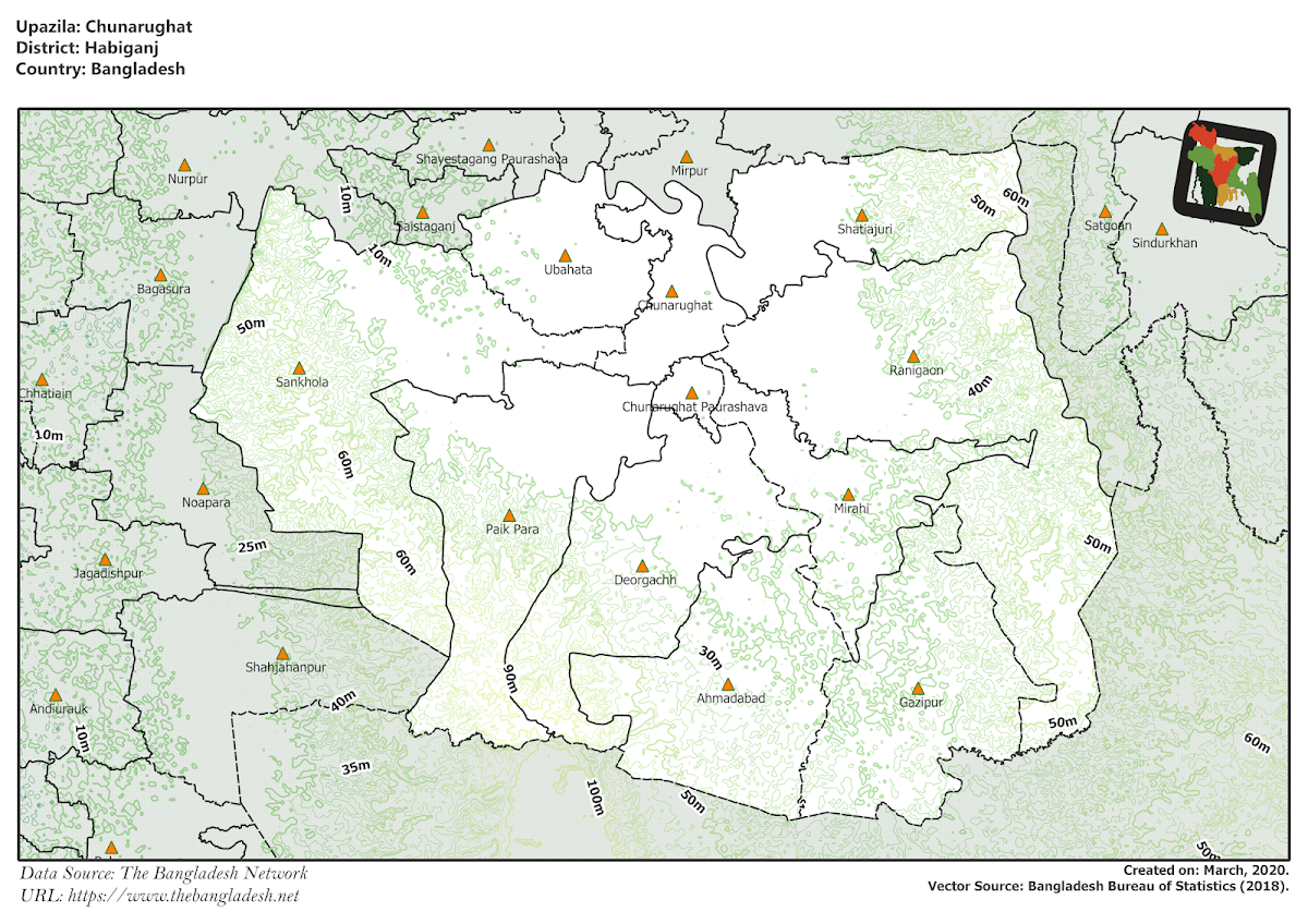 Chunarughat Upazila Elevation Map Habiganj District Bangladesh