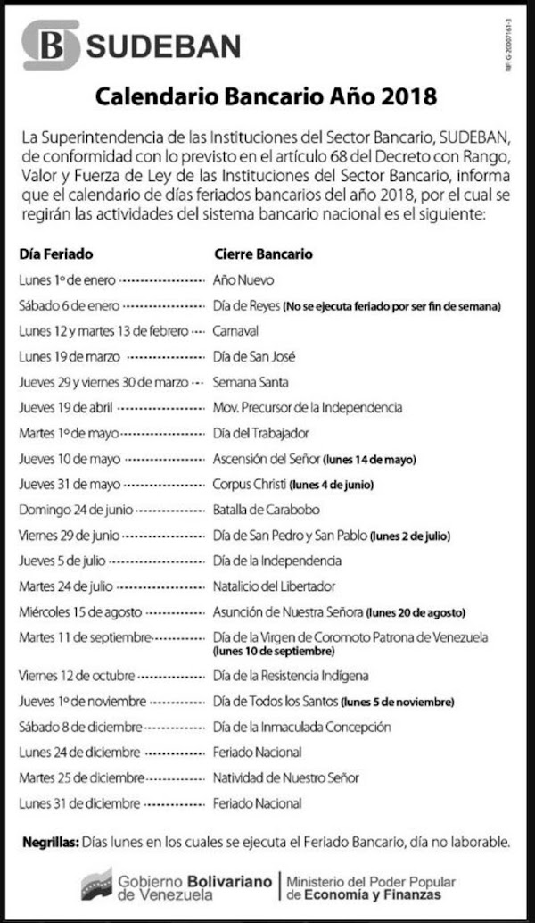 CONSULTE AQUÍ CALENDARIO BANCARIOS Y FERIADOS EN 2018 CONSULTE AQUÍ CALENDARIO BANCARIOS Y FERIADOS EN 2018