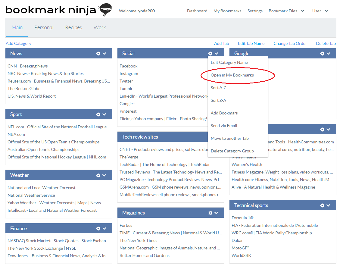 Bookmark Ninja Improvement Selecting A Category On The My Bookmarks Page