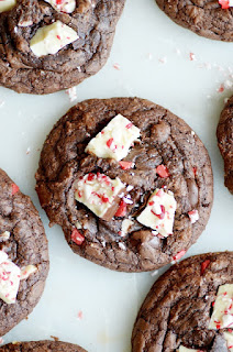 Rich and fudgy brownie cookies with peppermint bark in every bite.