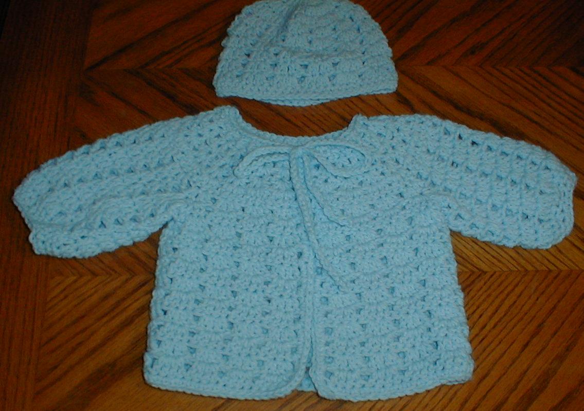 Karens Crocheted Garden of Colors Blue Sweater and Hat for a baby boy