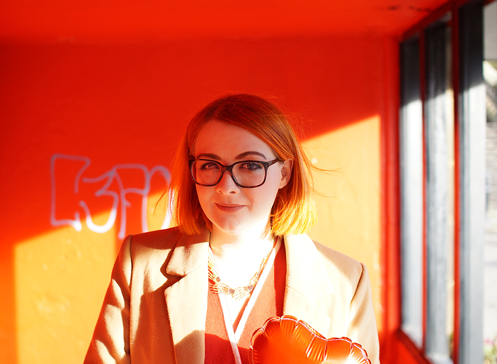Galentine's Style Frankly Ms Shankly, Edinburgh Blogger, red head, charity shop, H &M, New Look, Primark, vintage cardigan, Galentine's Day, red heart balloon, Valentine's style, Galentine's style, photo by Boya Shen