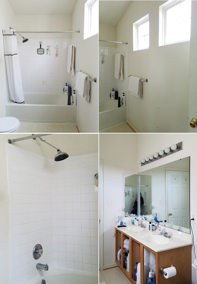 small white builder's grade bathroom with honey oak cabinet vanity