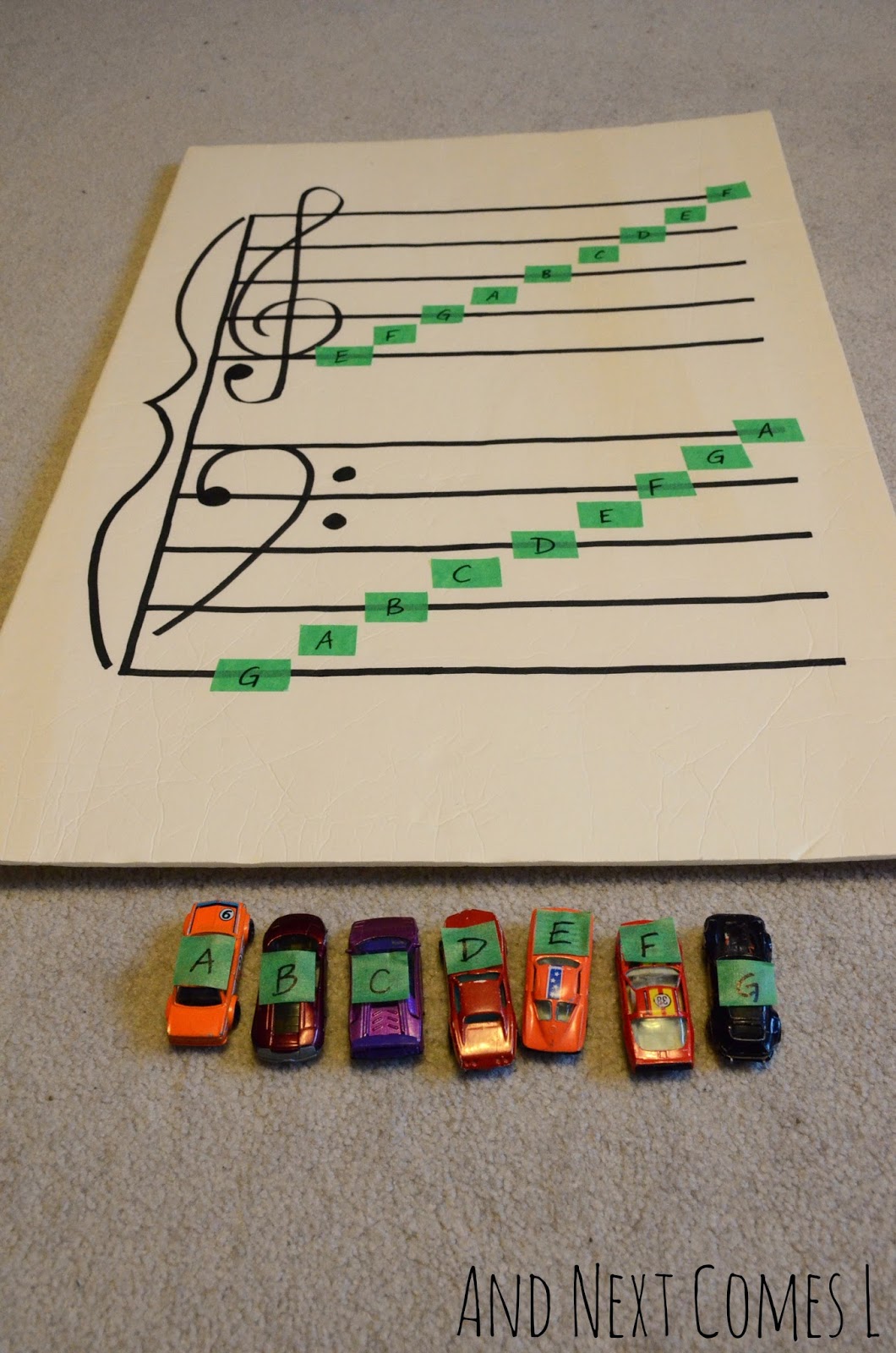 Music theory game for kids: learning about grand staff using cars from And Next Comes L