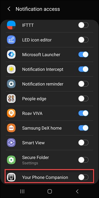 إعدادات الوصول إلى الإشعارات بنظام Android مع مربع حول تبديل رفيق هاتفك.