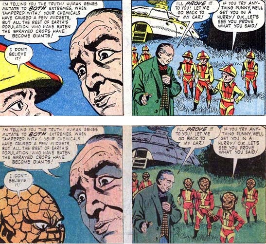 more panels comparing little human-looking aliens in Marvel Tales and scaly aliens in WWT