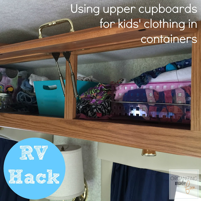RV Hack - use upper cupboards to organize kids' clothes and things ::OrganizingMadeFun.com RV Hack - use upper cupboards to organize kids' clothes and things ::OrganizingMadeFun.com