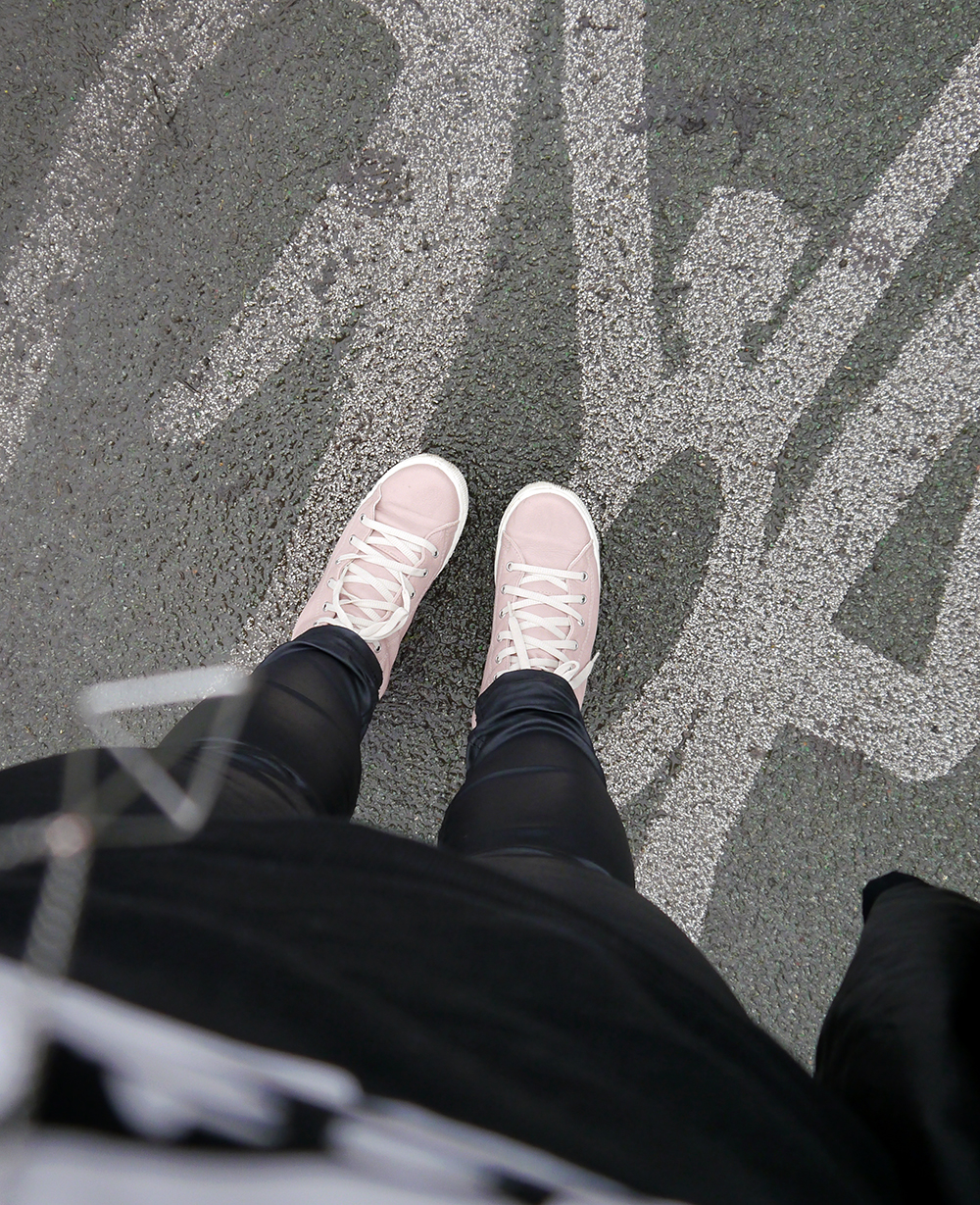 Pink trainers for comfy Sunday style Styled by, Wardrobe Conversations, Scottish blogger, Dundee blogger, Glasgow, winter blues, winter outfit, monochrome outfit, Halloween outfit, skeleton jumper, H&M skeleton jumper, bobble hat, Tiger Stores winter hat, pom pom hat, blacn and white outfit, Scottish style, IOLLA, #seewithIOLLA, geometric jewellery, silver jewellery, Sunday style, trainers, pink trainers, charity shop style, accessorize necklace, #BMM, Bloody Mary Metal, Crossbones ring