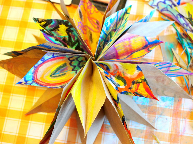 artsy paper bag stars - a great way to showcase children's artwork!