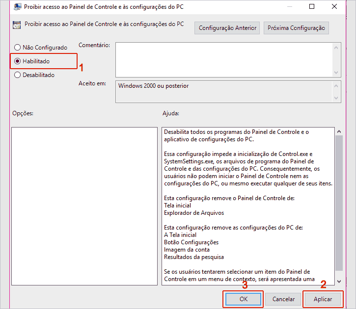 Habilitando o bloqueado no painel de controle no Windows 10